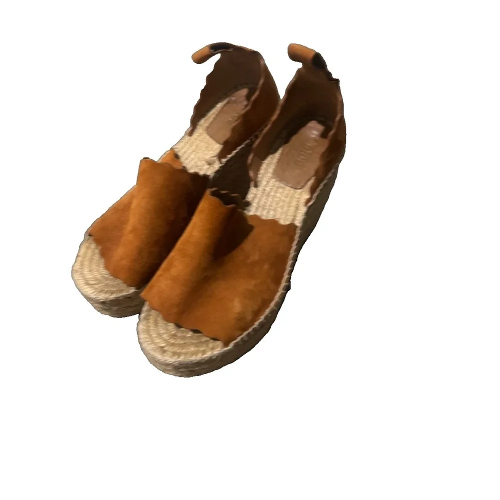 Chloe Lauren Scalloped Suede Espadrille Wedge Sandals Tan Brown US 7 NO STRAPS